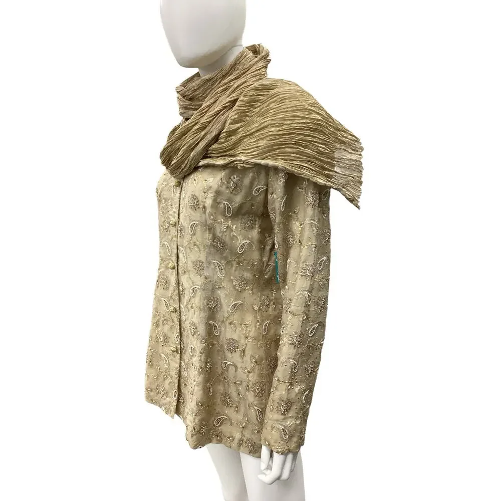VTG Set Women’s Size M Scarf+Blazer Silk Gold Tone Knot Buttons Embroidered Gold